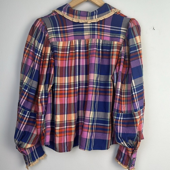 Free People Bexley Balloon Sleeve Plaid Top Relaxed Oversize Fit XS Button Front - Picture 13 of 16